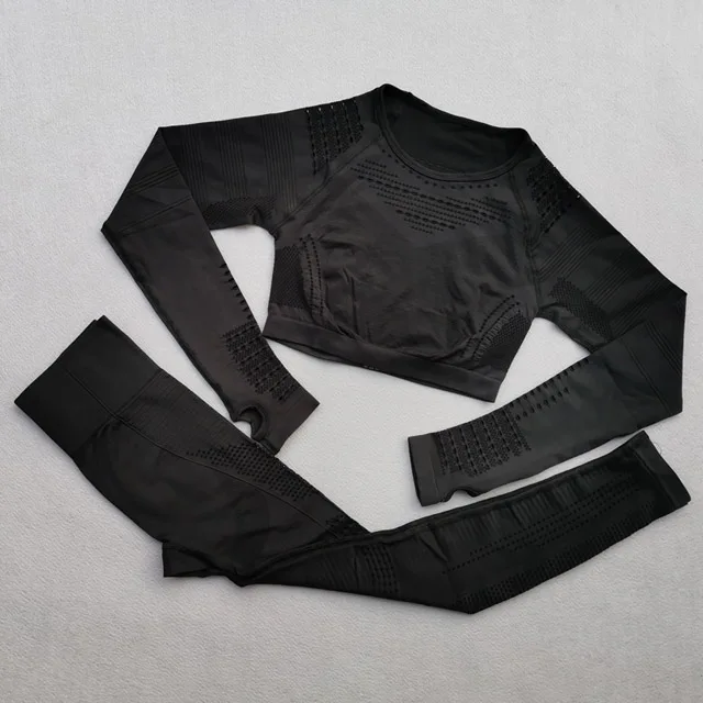 Black 2pcs set 2 шт./набор, бесшовный Женский спортивный костюм с эффектом омбре, одежда для тренажерного зала, тренировочная одежда с длинным рукавом, укороченный топ для фитнеса и резинки на попе, леггинсы, комплект для йоги - Цвет: Black 2pcs set