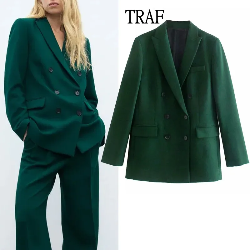 

TRAF Women Blazer 2021 Fashion Double-Breasted Casual Green Blazer Jacket Office Lady Long Sleeve Elegant Blazer Chic Tops