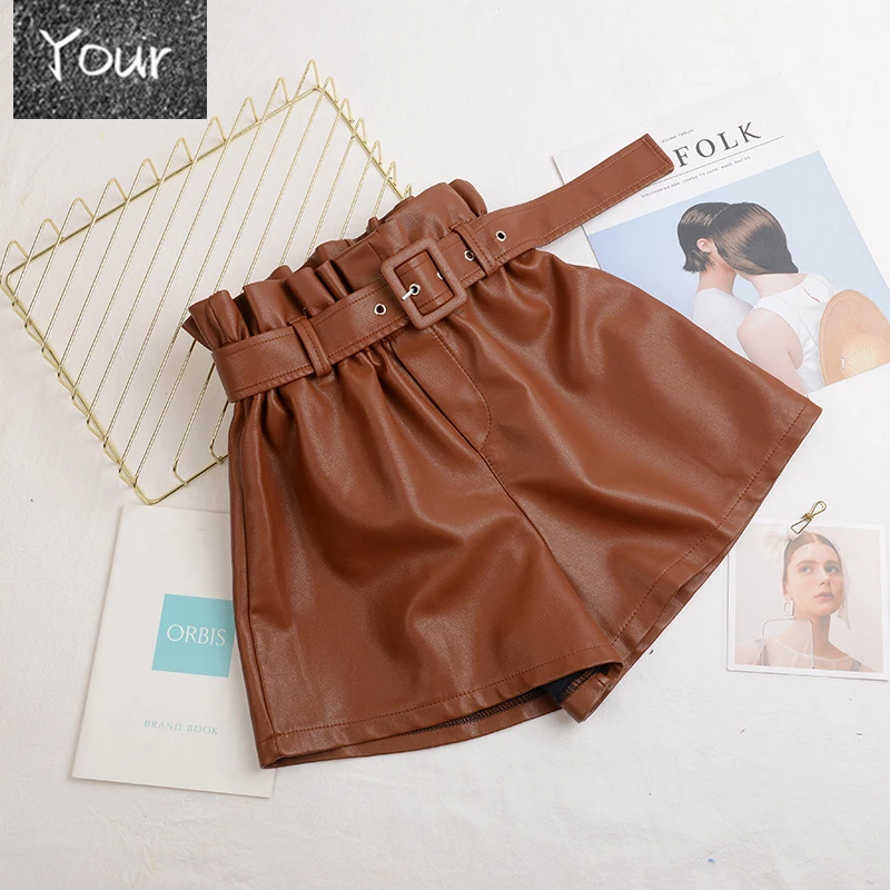 

Autumn Women PU Shorts Ladies High Waist Wide leg Shorts All Match Sashes Shorts Female Casual Black Shorts Plus Size 5XL AB1579