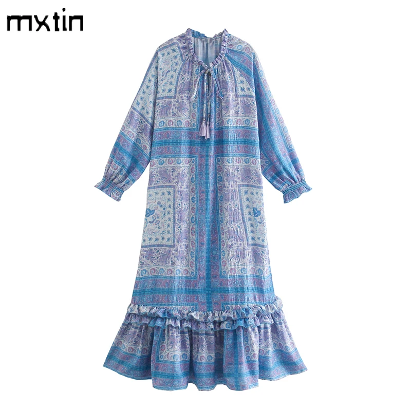 

Женское весеннее платье-миди MXTIN, винтажное праздничное платье с цветочным принтом, бантом и оборками, круглым вырезом и длинным рукавом, 2021