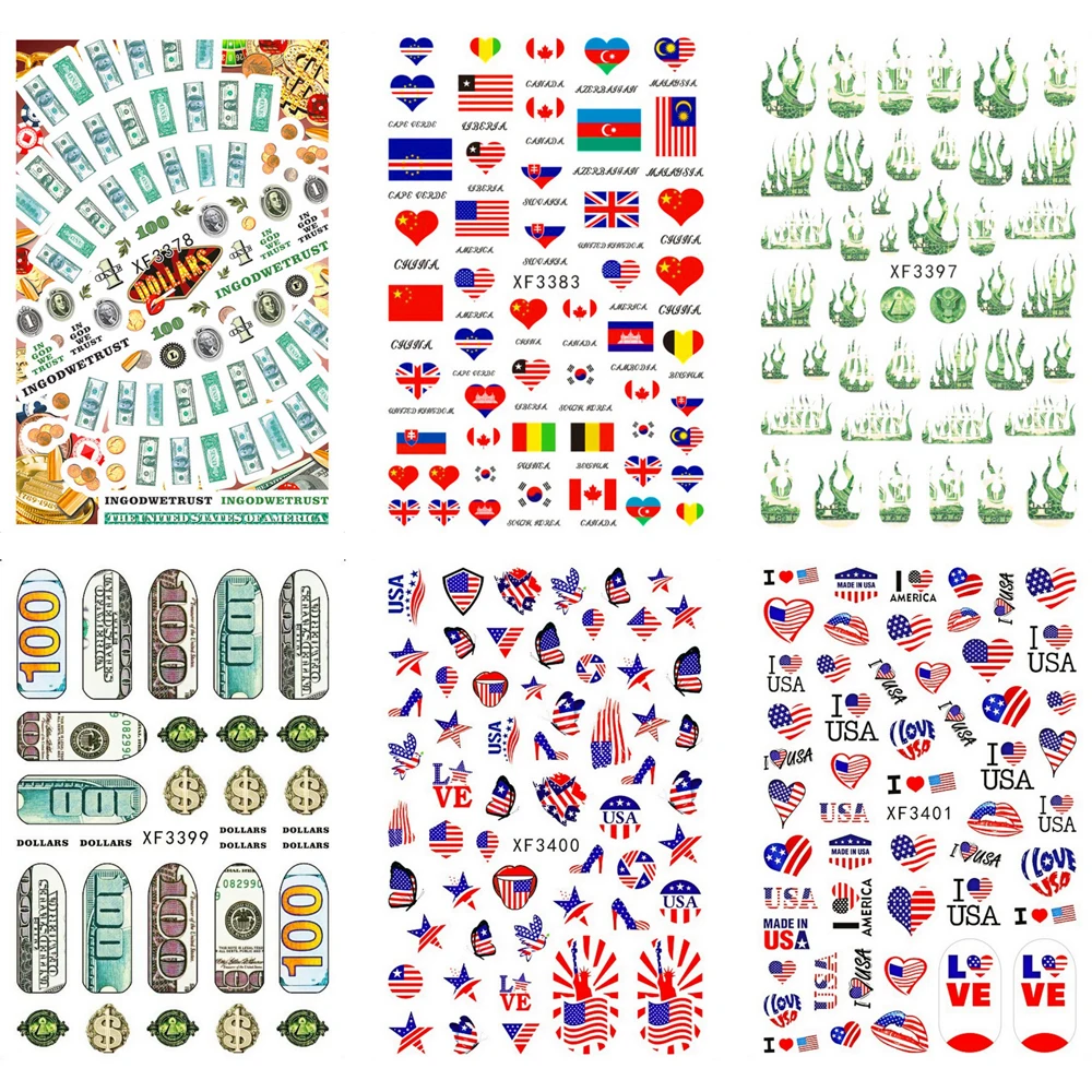

Waterproof Self Adhesive Classic Flag Nail Stickers DIY Flame Love Dollar Bills 3D Manicure Decals