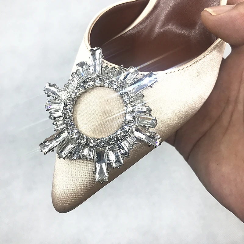 

Luxury Brand Summer Shiny Rhinestone Heel Sandals Women 2021High Heels Designer Fashion Pointed mules Wedding Shoes Size 8 9 10