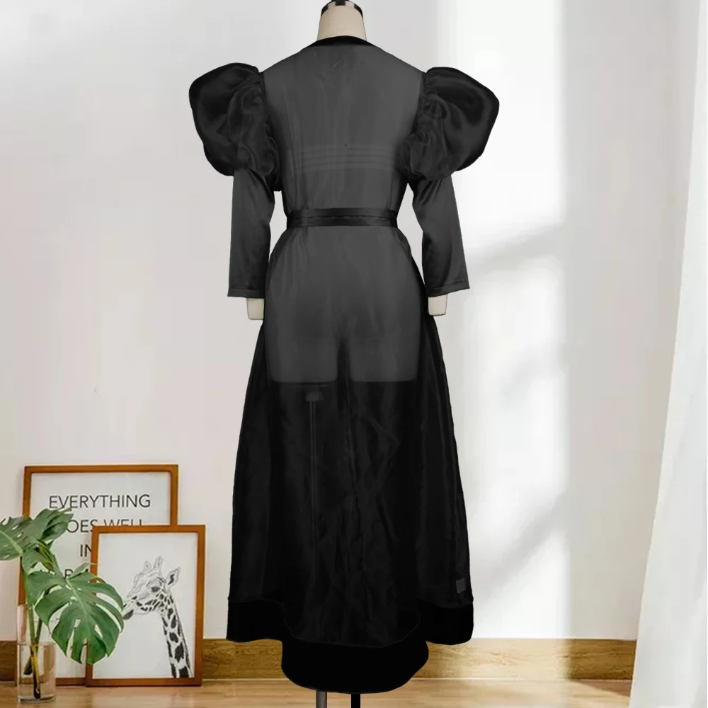 

Women wear see-through shirt skirt sexy see-through size maxi cover up lantern sleeve cardigan belt fashion spring hot sale new