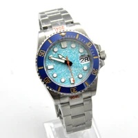blue pattern dial luminous date 40mm mens watch automatic mechanical steel band sapphire glass transparent back cover