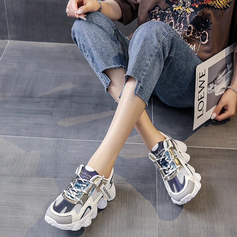 

Women's Sports Shoes Fashion Women's Sneakers 2021 Breathable Mesh Lace-Up Platform Shoes Sequin Female Shoes Zapatillas Mujer