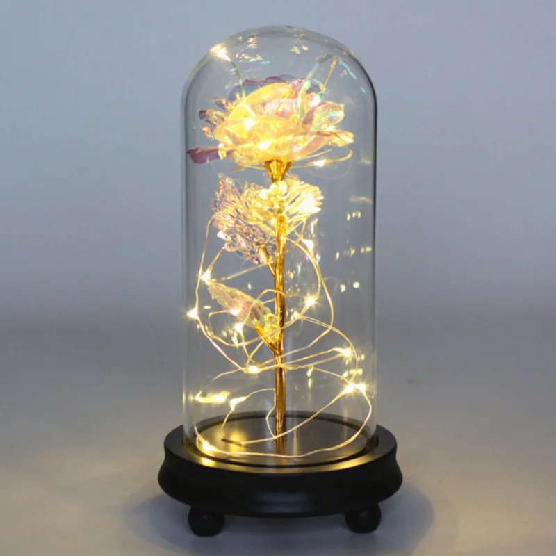 

Artificial Gold Foil Rose Flower LED Light String In Glass Dome On Wooden Base NEW New arrive