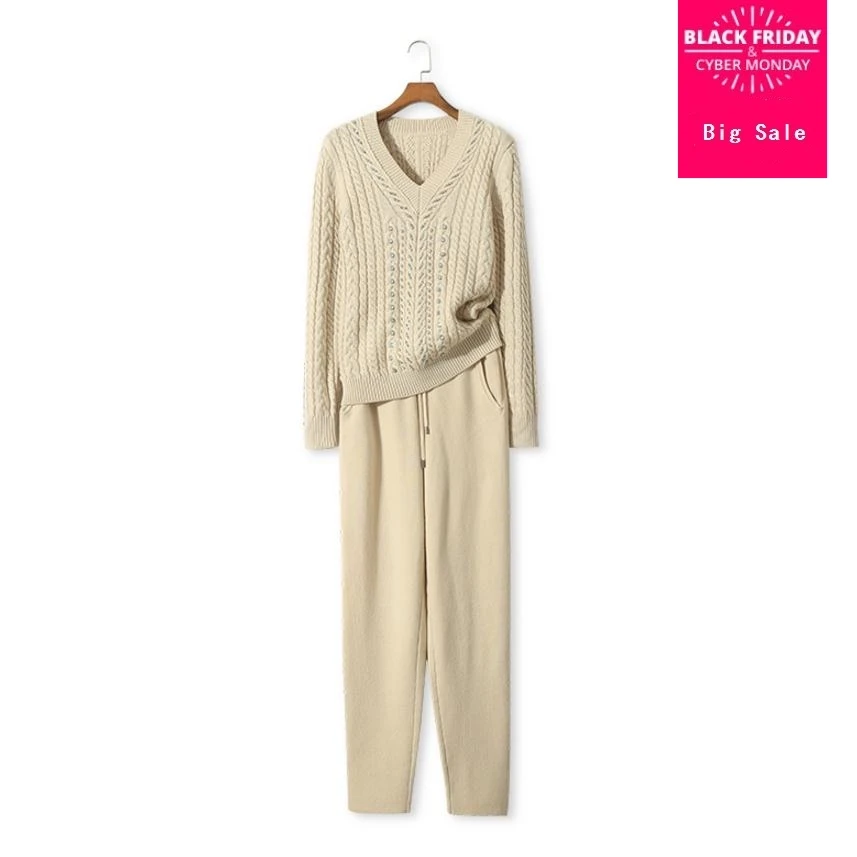 

Зимний шерстяной и кашемировый вязаный теплый костюм со стразами и бисером свитер + кашемировые брюки из норки комплект из двух предметов д...