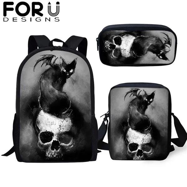 FORUDESIGNS/готический Черная кошка школьные сумки 3 шт./компл. для девочек и мальчиков Повседневное 3D Для женщин рюкзак ортопедический рюкзак детская дорожная сумка для книг - Цвет: CDGX1387CEK