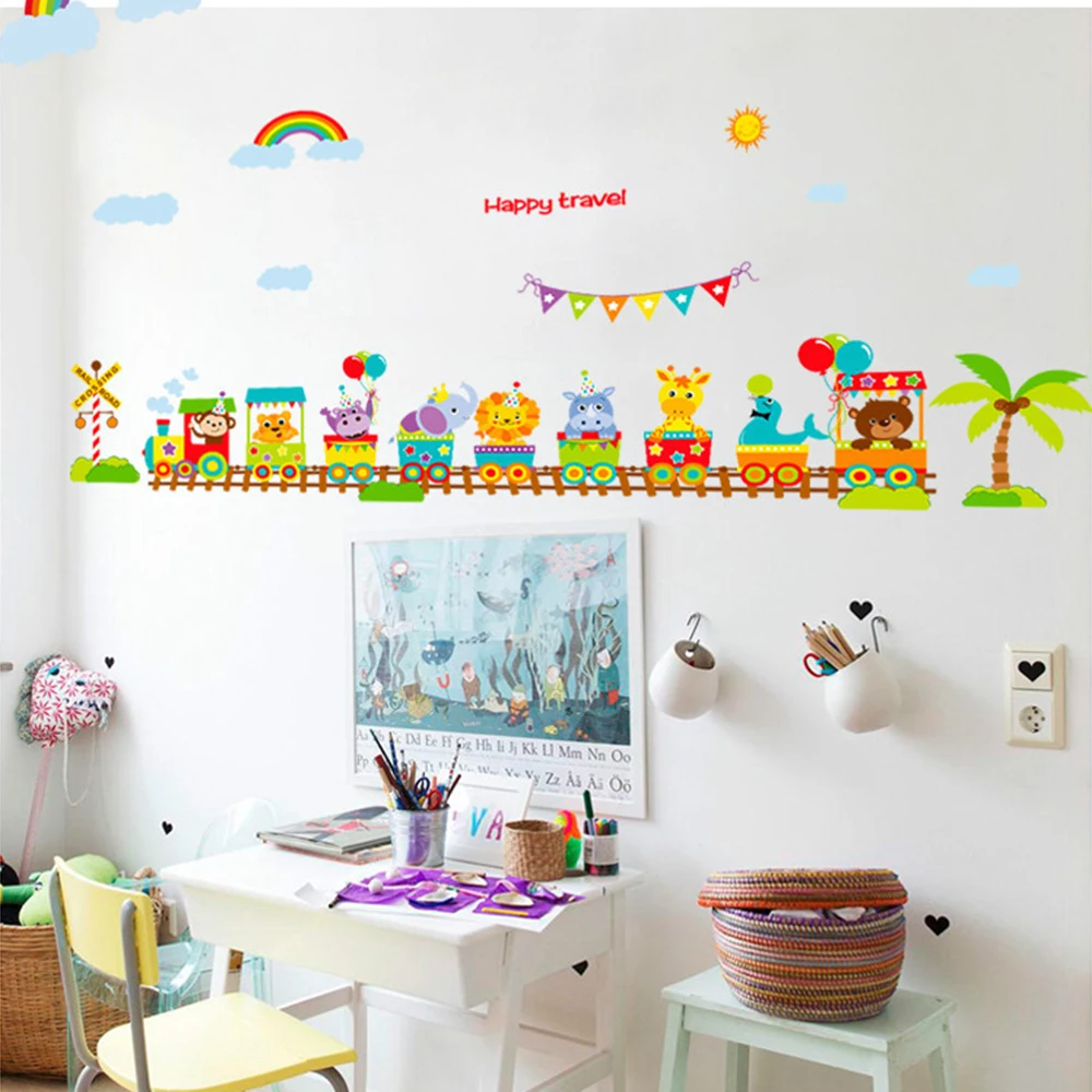 Новый мультяшный поезд для детской комнаты Животные олень настенные наклейки