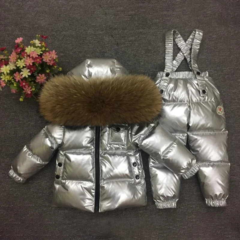 Raccoon Bright Silve Детский зимний костюм для девочек, теплый пуховик с мехом для мальчиков, зимние спортивные комплекты одежды с натуральным мехом, ветрозащитная детская одежда - Цвет: Raccoon Bright Silve