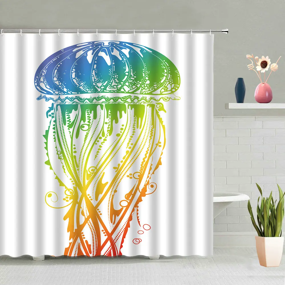 

Colorful Jellyfish Shower Curtain Cartoon Ocean Scenery Fish Animal Children Bathroom Hanging Curtains Waterproof Screen Decor