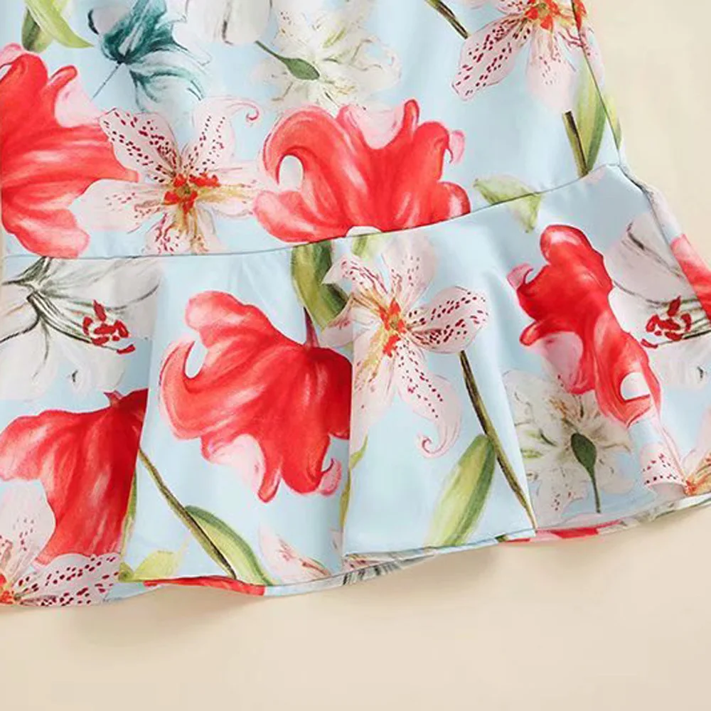 

New 2020 Summer Fashion Sexy Party Mermaid Dresses Women O-Neck Red Floral Print Flare Sleeve Midi Bodycon Sheath Dress Blue