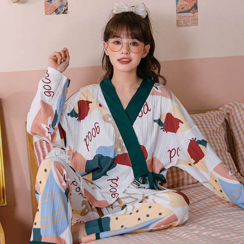 2021 Japanese Style Kimono Spring Autumn NewCotton  Ladies Thin Nightgown Women Bathrobe Robe Home wear Service Pajamas 2pieces