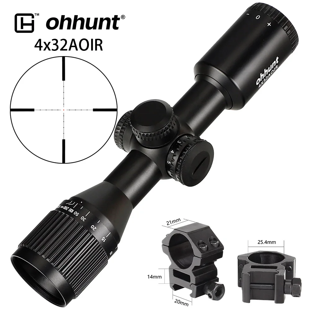with Picatinny Rings Охота ohhunt 4X32 AOIR Компактный Тактический широкий угол оптические прицелы Mil точка с подсветкой Стекло гравированная сетка Оптика прицел - Цвет: with Picatinny Rings