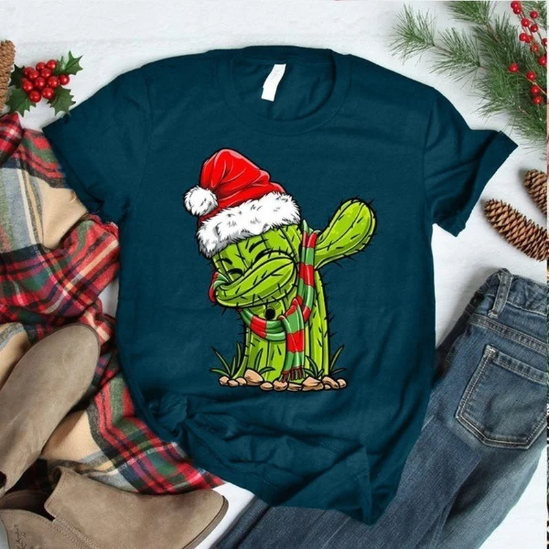 

Christmas Hat Cactus Print T Shirt Women Short Sleeve O Neck Loose Tshirt Summer Women Tee Shirt Tops Camisetas Mujer