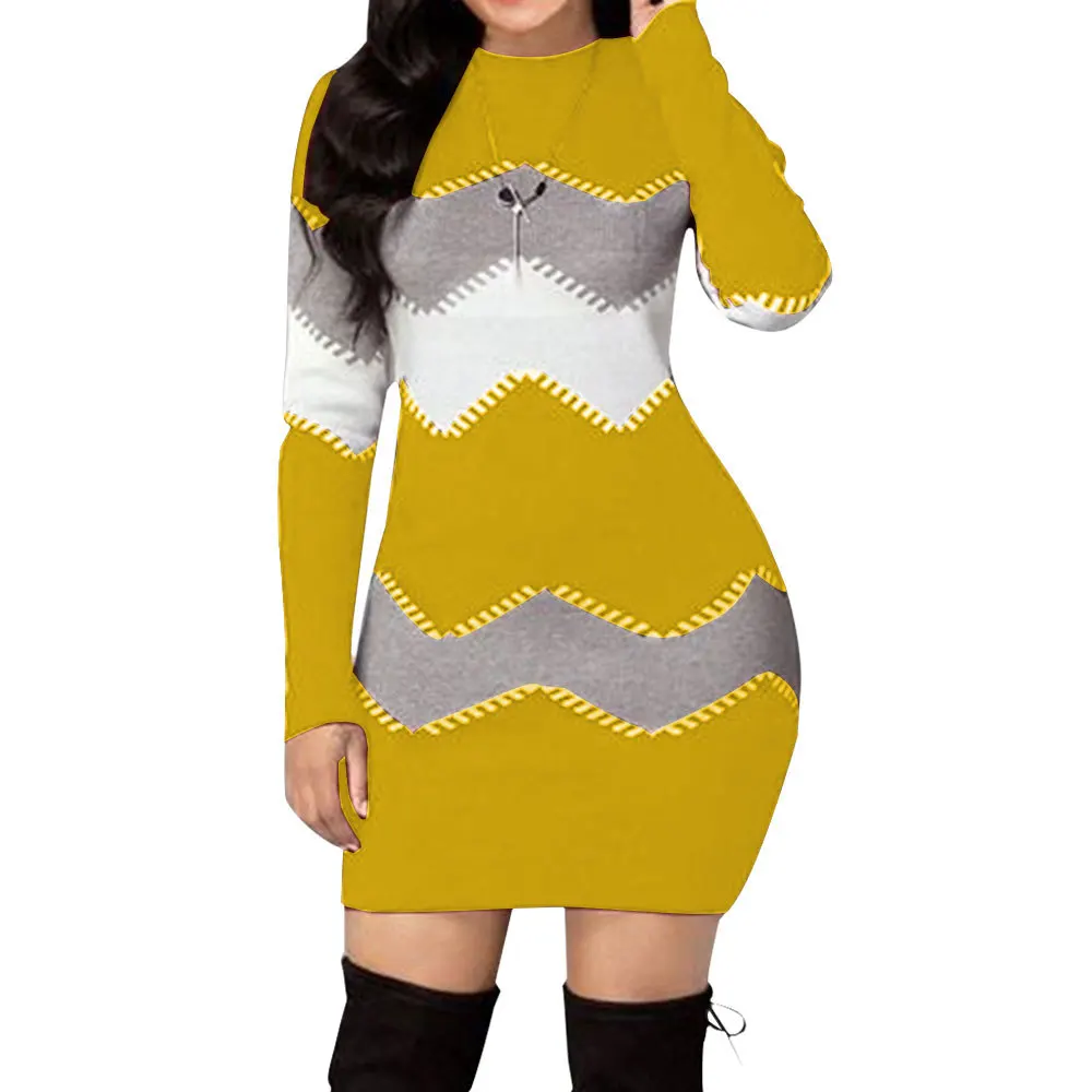 

Plus size women's autumn and winter fashion new dress 2020 color matching round neck long sleeve sweater with hip skirt