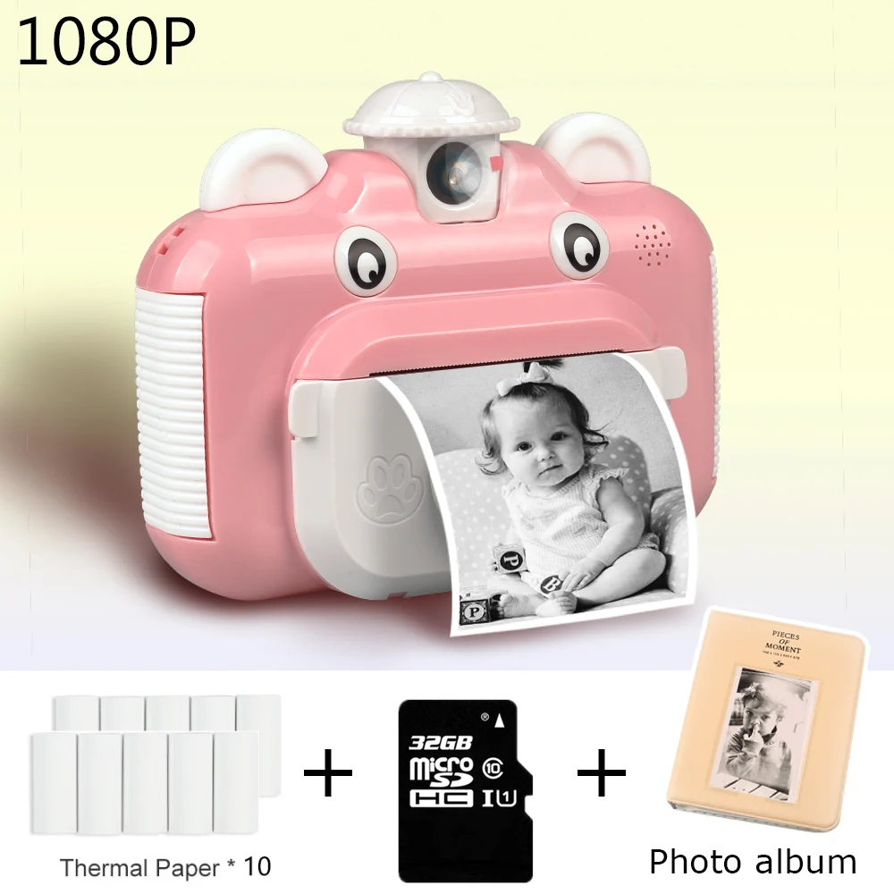

Kids Instant Print Camera HD 1080P 12MP ChildrenWith Thermal Photo Paper Toys Camera For Birthday Gifts Pink Blue