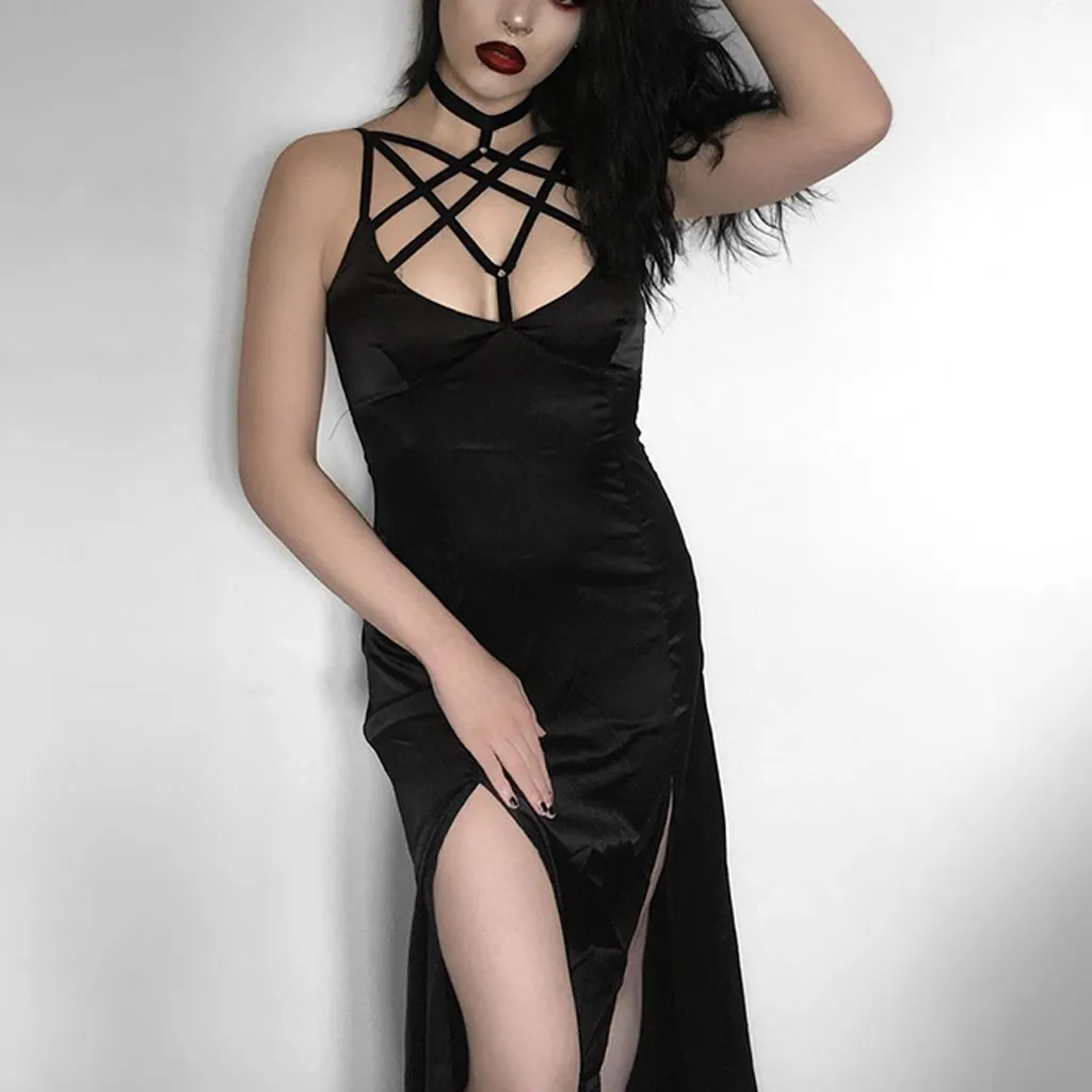 Женское летнее платье в готическом стиле панк черное Ретро шнуровка на груди