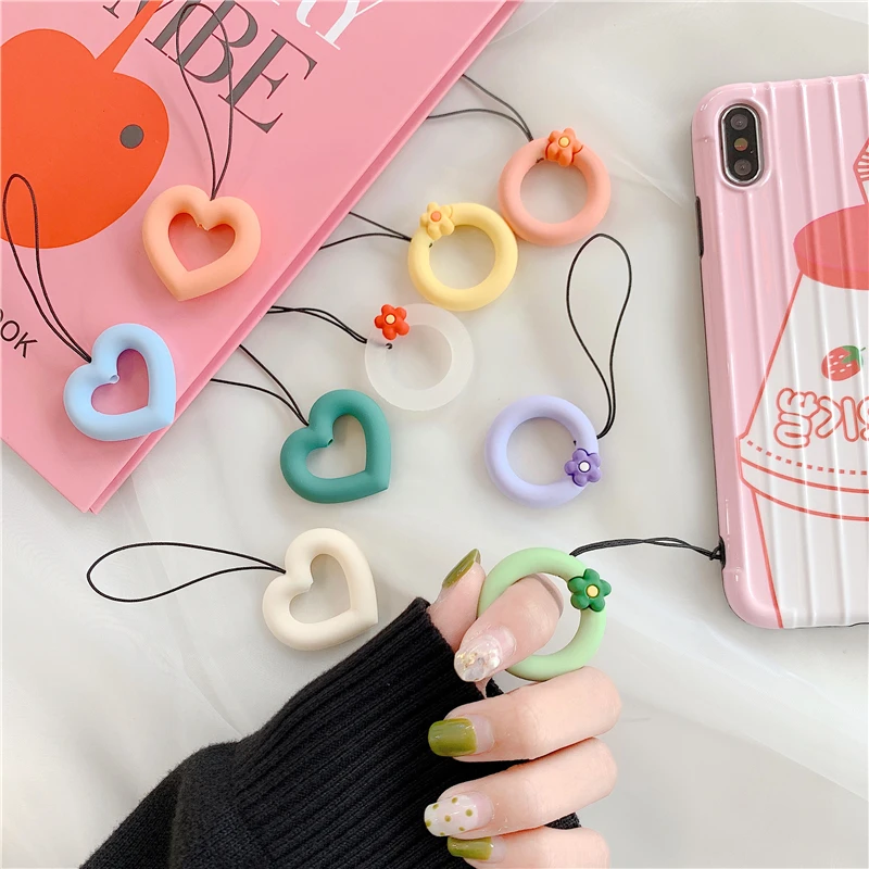 Mobile Phone Strap Cute Flowers Love Heart Silicone Keycord Lanyards Finger Ring Strap For iPhone Xiaomi Huawei Smart Phone Case