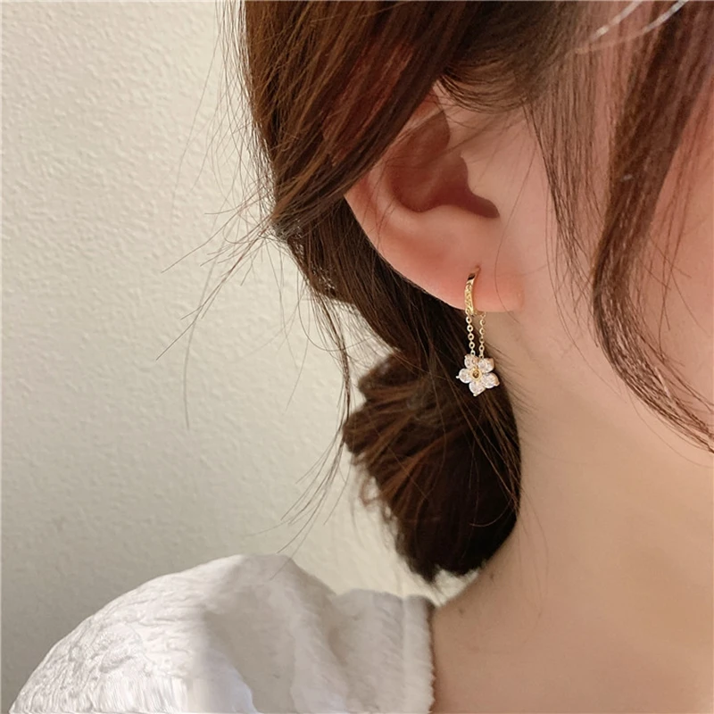 

MENGJIQIAO Korean Elegant Zircon Flower Hoop Earrings For Women Girls Fashion Metal Chain Boucle D'oreille Oorbellen Jewelry