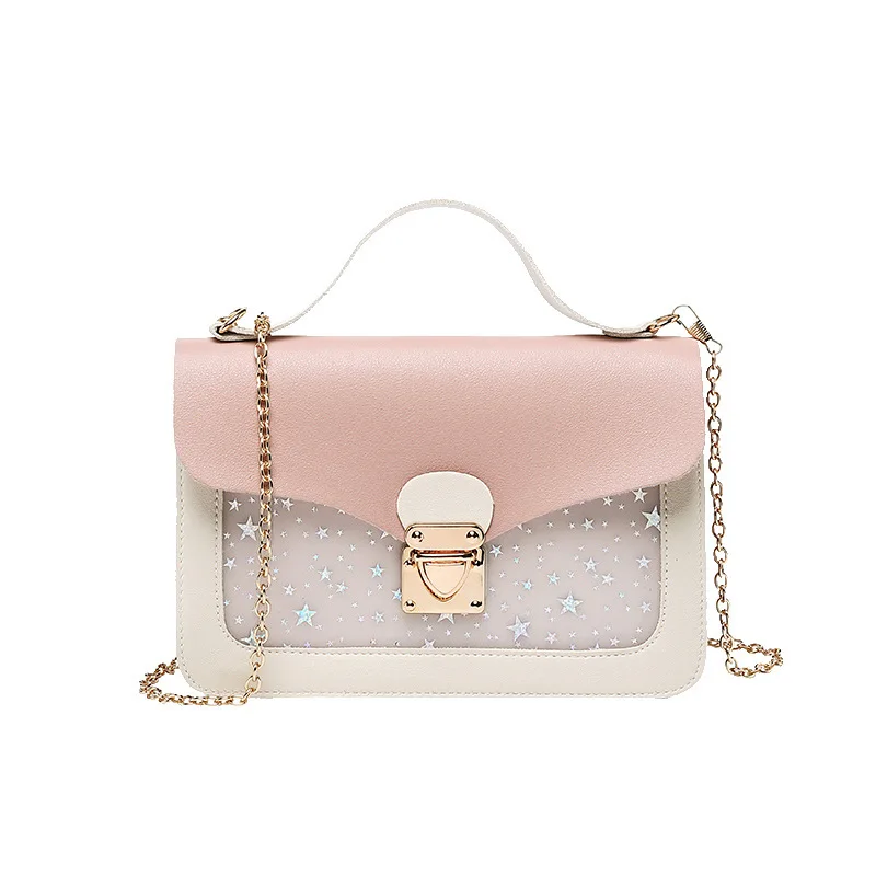 

Women Mini Flap Shoulder Bag Pink Bag Fashion Sequin Star Printing Chain Handbag Messenger Cross Body Phone Bag 2021 Spring