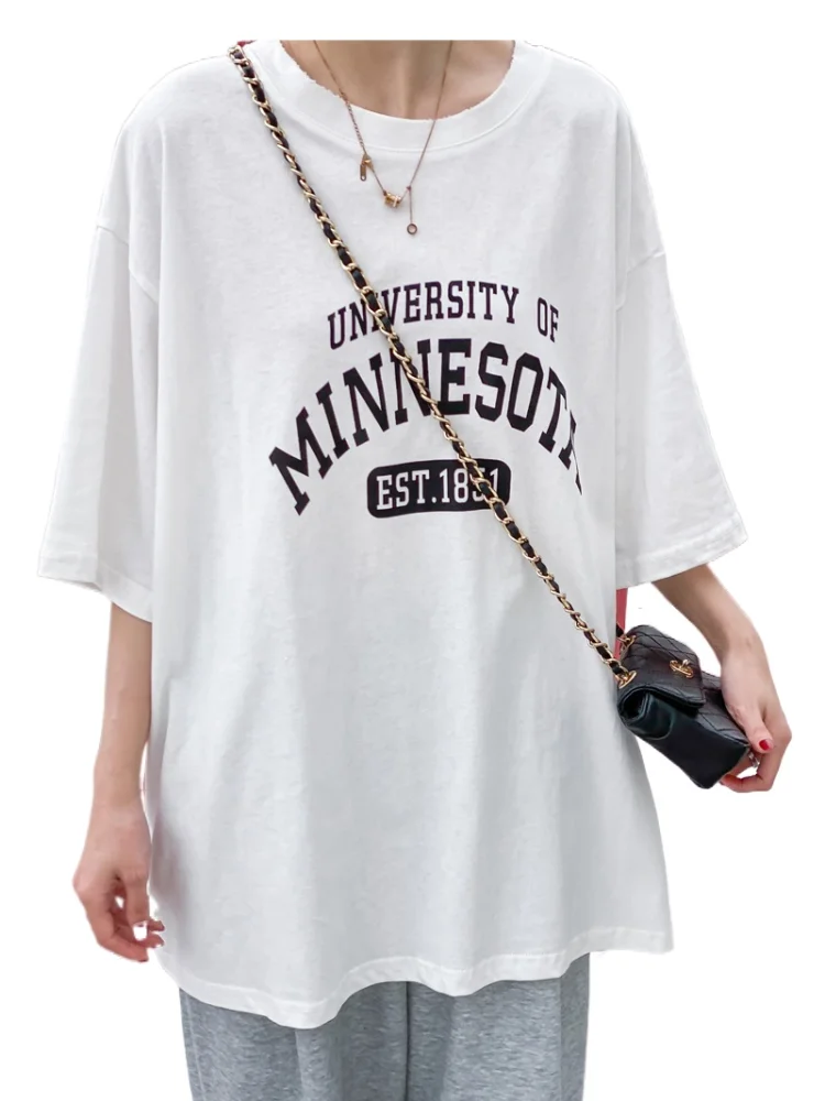 

Letter Print T-shirts Women Summer 2021 Graphic Tees Funny Shirts For woman tshirts Loose Crew Neck Harajuku Tops DM