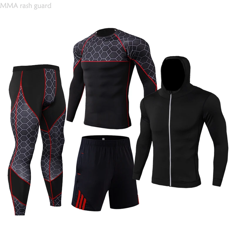 

4-piece Workout Jogging Suits for Men Tracksuit Winter Compression Underwear Fluorescent Green Strip Grid Gym Fitness Clothing