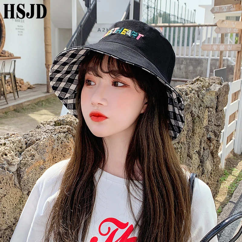 Double Sided Letter Plaid Bucket Hat Girl Women lovely Bob Femme Caps Summer Panama Sweet Heart Sun Hats For Women fisherman hat