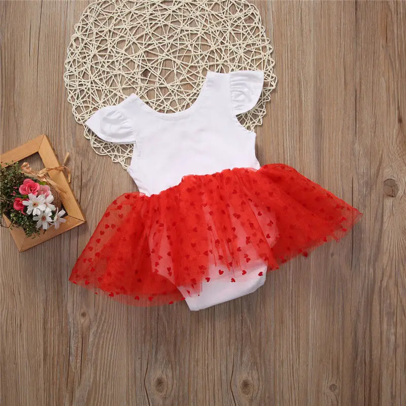 

Pudcoco 0-3Y Baby Girl Valentine's Day DADDY'S VALENTINE Letter Print Dress-Style Bodysuit Heart Red Mesh Dress Short Sleeve
