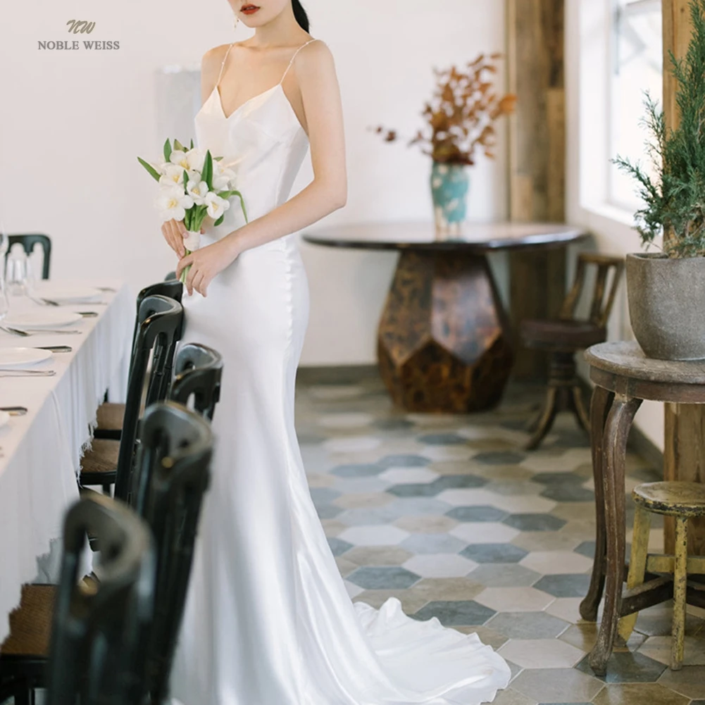 

Wedding Dress Satin Long Vestidos De Novia V-neck Wedding Dresses with Sweep Train