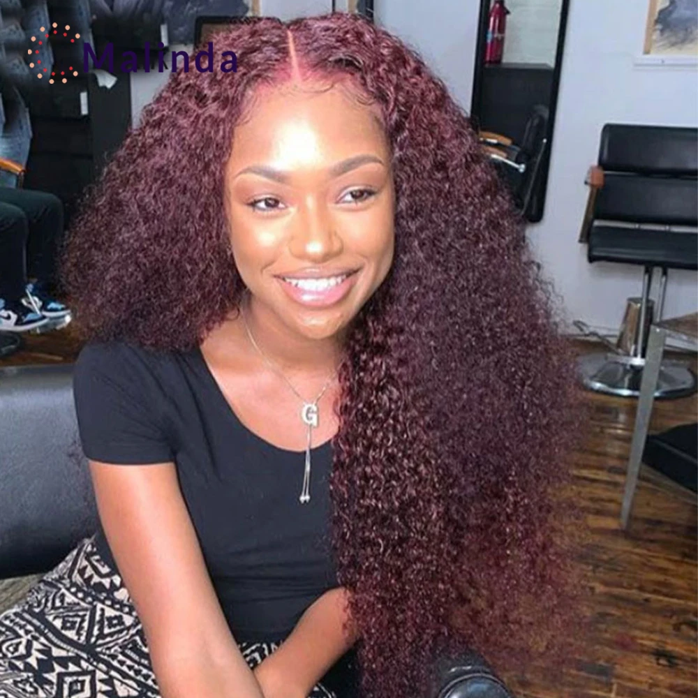 Бордовый 99J кудрявый HD прозрачный кружевной передний искусственный 13x4 красный