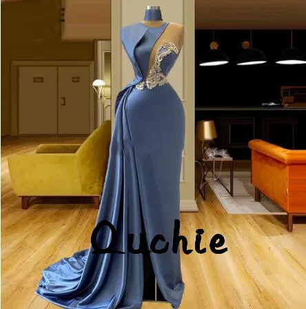 

Satin Evening Dresses Mermaid Deep V Beaded robe soiree Islamic Dubai Kaftan Saudi Arabic Prom Gown