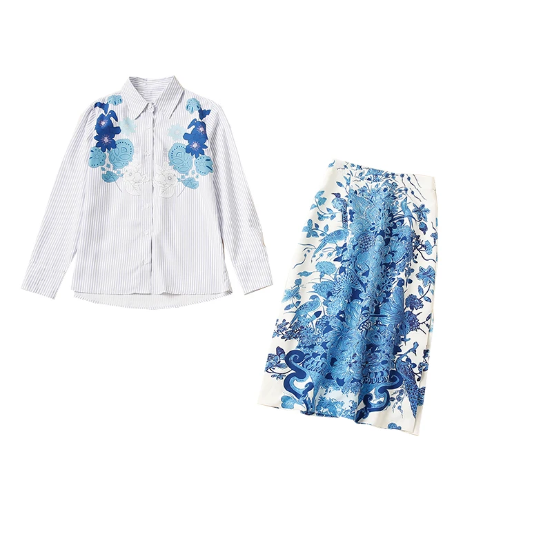 

JCHB 2021 autumn blue and White Stripe Shirt Top thick blue and white porcelain print skirt suit
