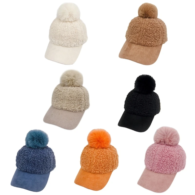 Women Winter Faux Fleece Baseball Peak Cap Fuzzy Warm Cute Pompom Visor Brim Hat 6XDA