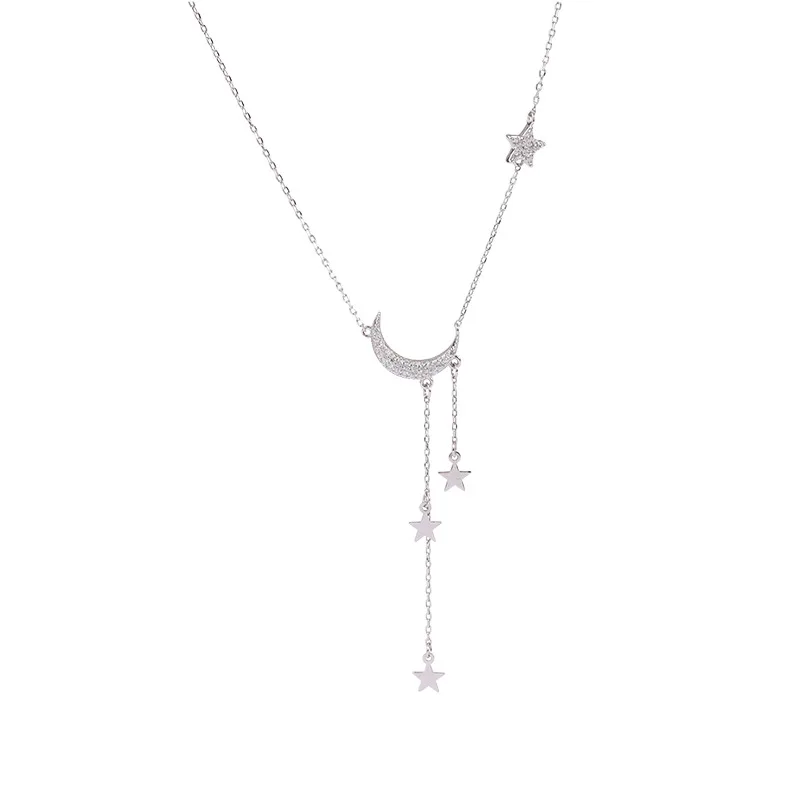 

Creative design sense 925 sterling silver star and moon necklace female micro-inlaid star moon tassel clavicle chain