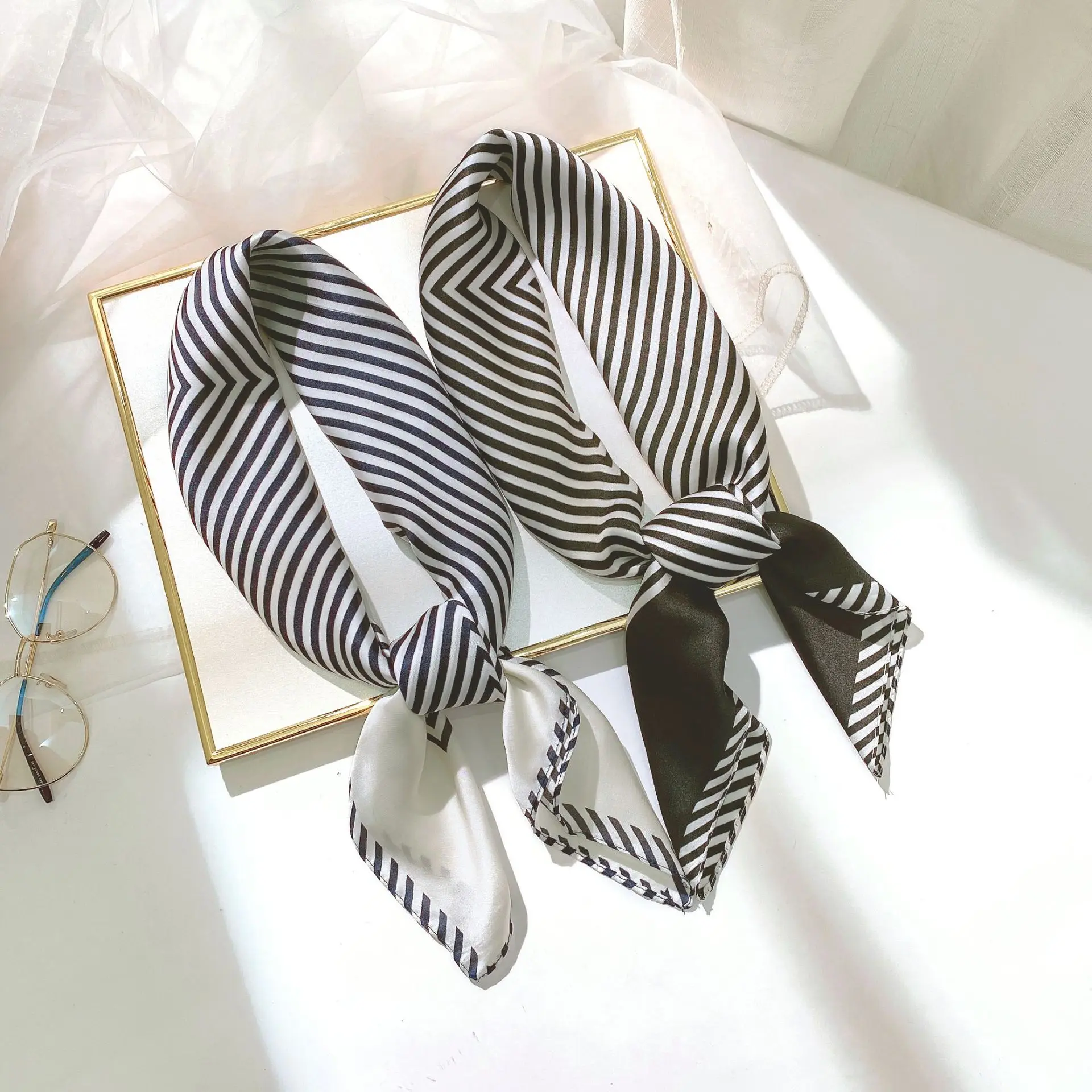 New stripe imitate real silk scarf sweet roll edge adornment profession small printing |
