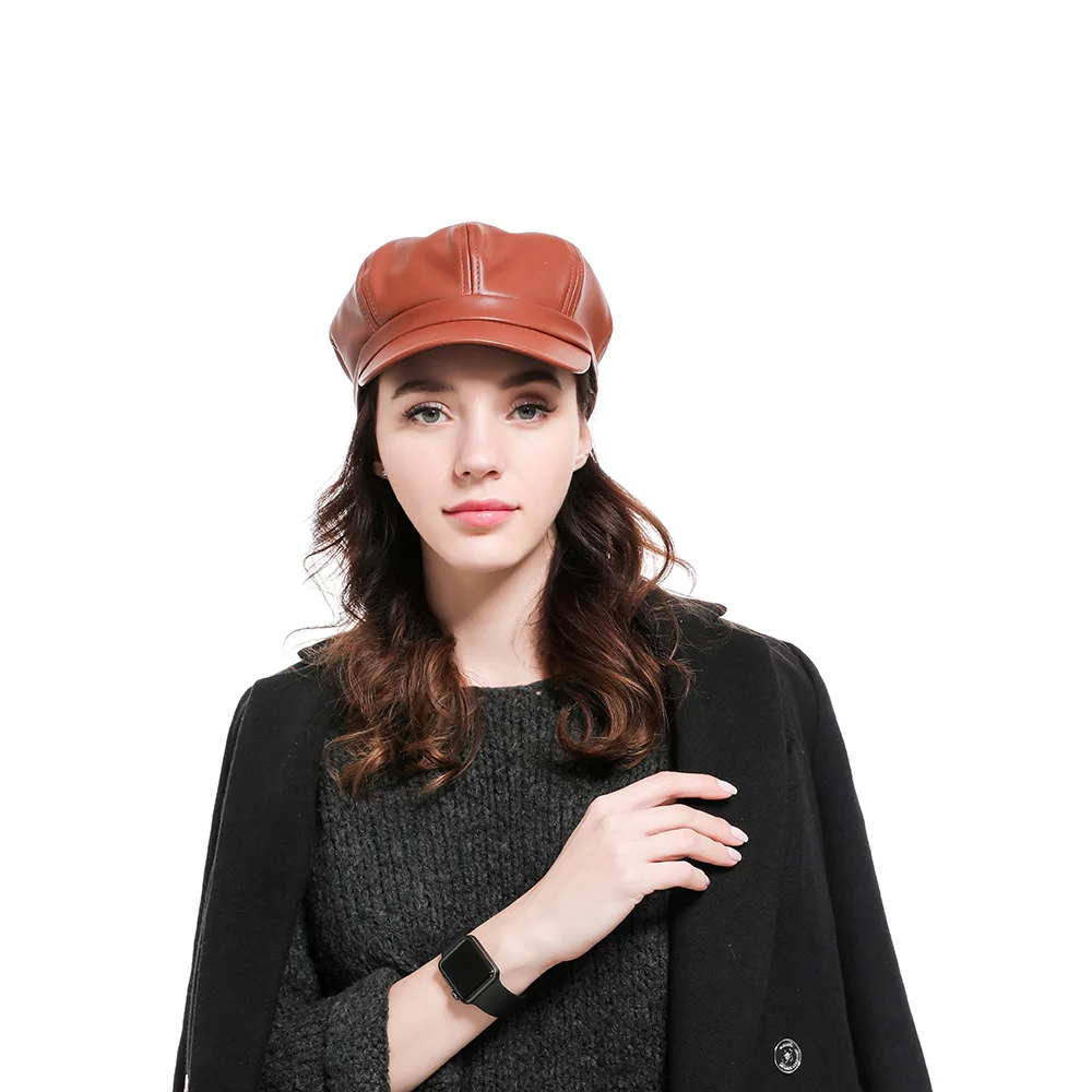 ZLD Hot 2019 Solid Color PU Leather Octagonal Cap Ladies British Retro Casual Fashion Painter Outdoor hip hop cap lot | Аксессуары для