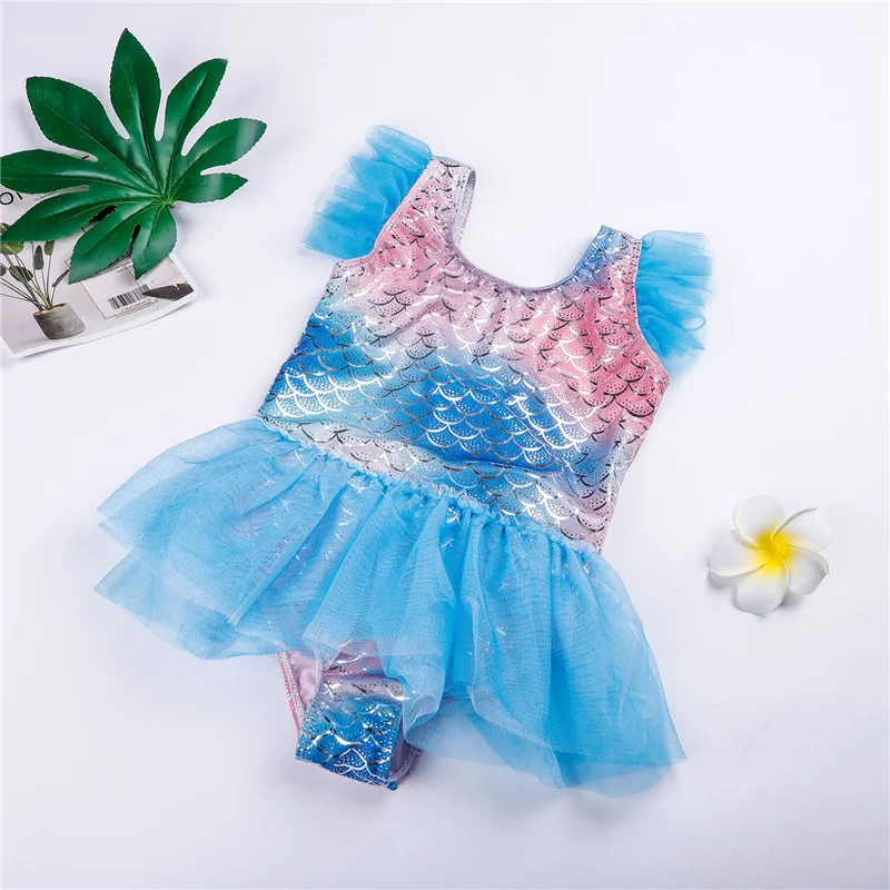 

Kids 1-Piece Swimsuits, Girls Fish Scale Print Round Neck Fly Sleeve Bathing Suit for Summer, Pink/Blue