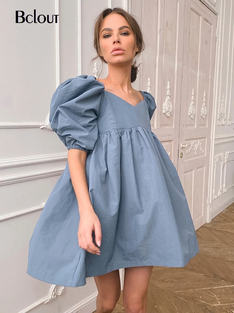 Bclout Casual Blue A-Line Mini Dress Woman 2022 Summer Loose Backless Party Dress V Neck Puff Sleeve Party Sexy Dress For Women