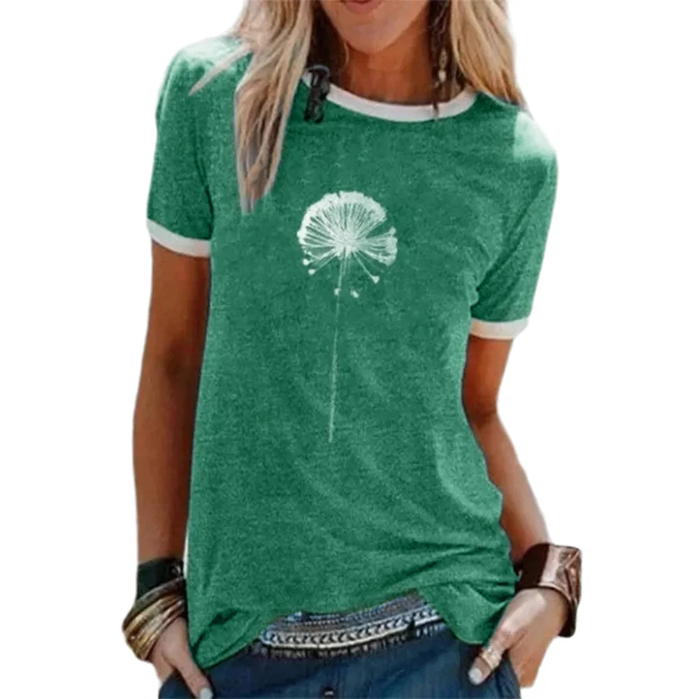 

European and beautiful women's top dandelion pattern printing round neck short-sleeved T-shirt