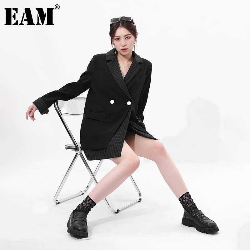 

[EAM] Женский Черный Длинный блейзер в полоску, большой размер, новая свободная куртка с отворотом и длинным рукавом, модная демисезонная 2022 ...