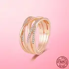 Кольцо золотого цвета из серебра 925 пробы с блестящими и полированными линиями, кольца для женщин, кольцо цвета розового золота с ПАВЕ, свадебные ювелирные изделия для помолвки