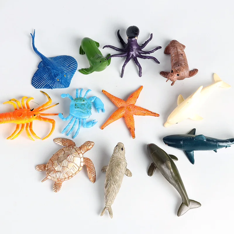 

12pcs Mini Ocean Marine Animals Model Starfish Octopus Shark Dolphin Crab Sea Turtle Miniature Action Figures Collecting Kid Toy