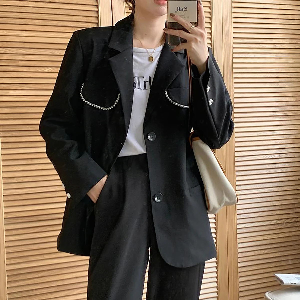 

Korean Style Spring Autumn Women's Jacket Pure Color Simple Turn-Down Collar Pocket Single-Breasted Leisure Suits 2021
