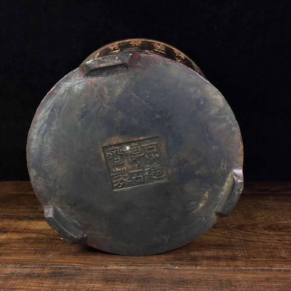 

Home Decor 6" Tibet Buddhism Temple Old bronze Cinnabars Pen holder Shou Character Ancient Chinese Pen Holder Cylinder