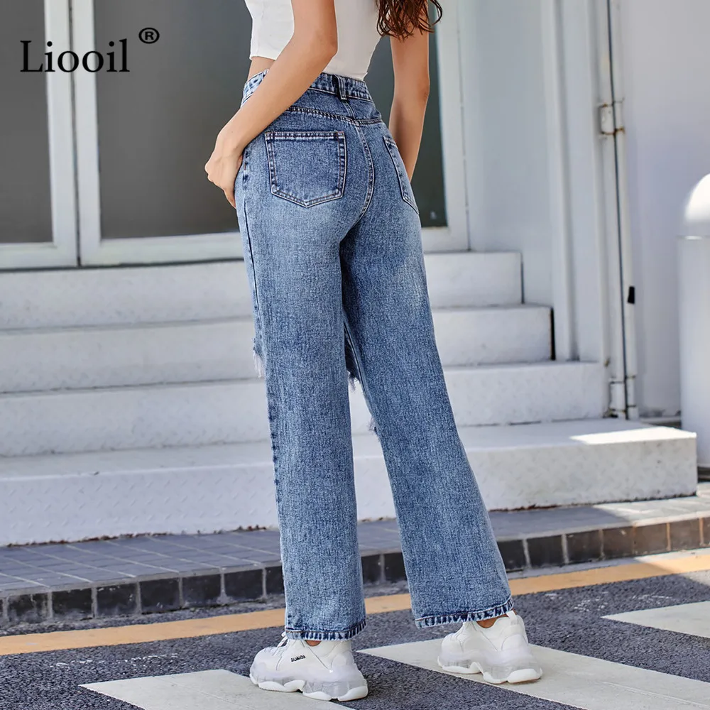 

Blue Ripped Denim Pants Woman 2020 High Waisted Straight Leg With Button Zipper Pockets Ladies Washed Distressed Hole Jeans