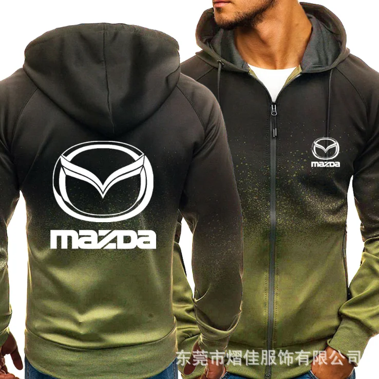 

NEW2021 for MAZDA Car Logo Print Casual HipHop Harajuku Gradient color Hooded Mens Fleece Sweatshirts zipper Jacket