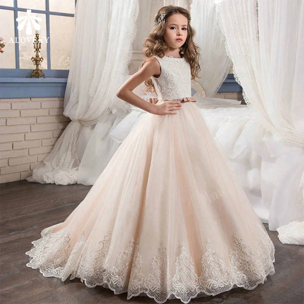 

Бальное платье из тюля цвета шампанского, детское элегантное платье с аппликацией для девочек, свадебное вечернее платье, платья для девоче...