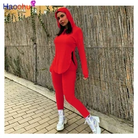 haoohu tracksuit 2pcs women set hooded side split top sweatshirt skinny pants two pieces sets women clothing suits female
