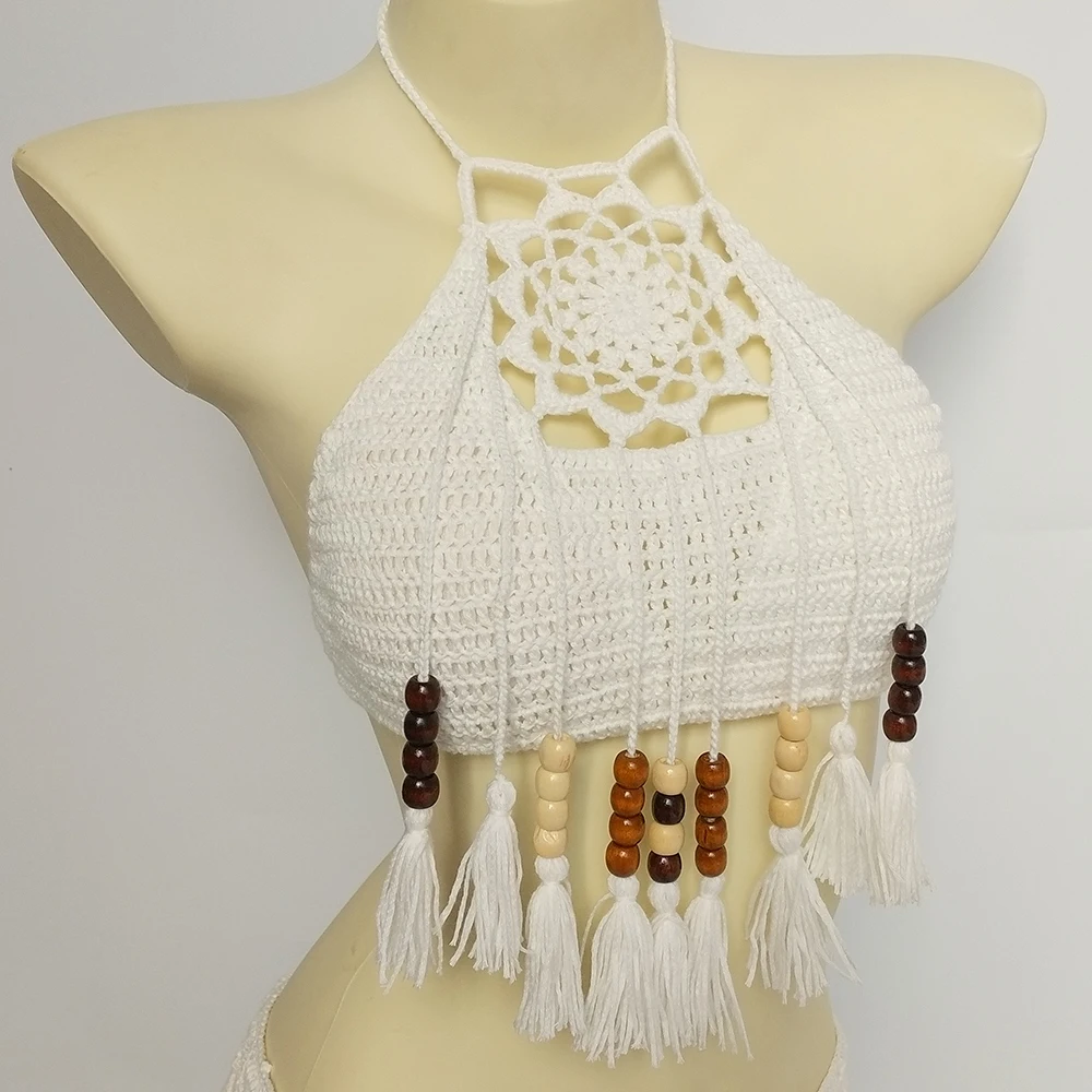 Сексуальный женский бикини с кисточками Топ Белый Boho пляжный купальник бахрома вязаная крючком бикини бюстгальтер Холтер Лифчики майка Купальник Горячая Распродажа